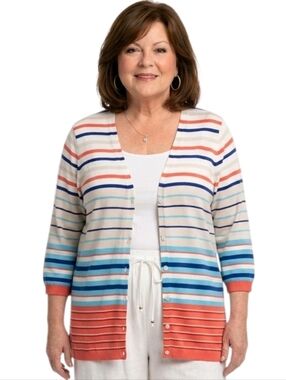 Liz Claiborne New York Multi Color Striped V-neck 3/4 Sleeve  Cardigan Size 2X